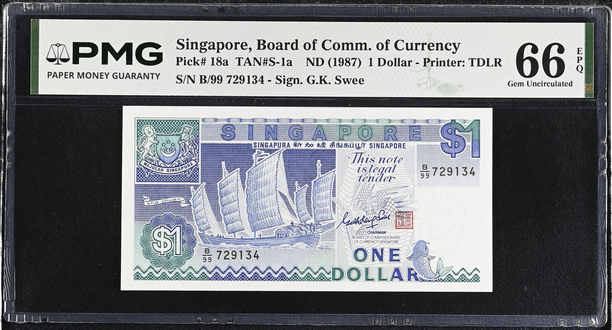 Singapore 1 Dollar ND 1987 P 18 a Gem UNC PMG 66 EPQ