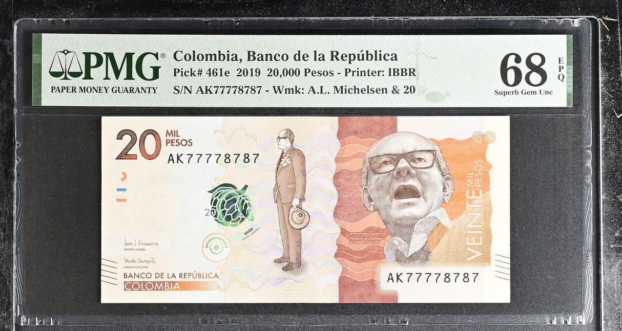 Colombia 20000 Pesos 2019 P 461 e # 77778787 Superb Gem UNC PMG 68 EPQ TOP POP