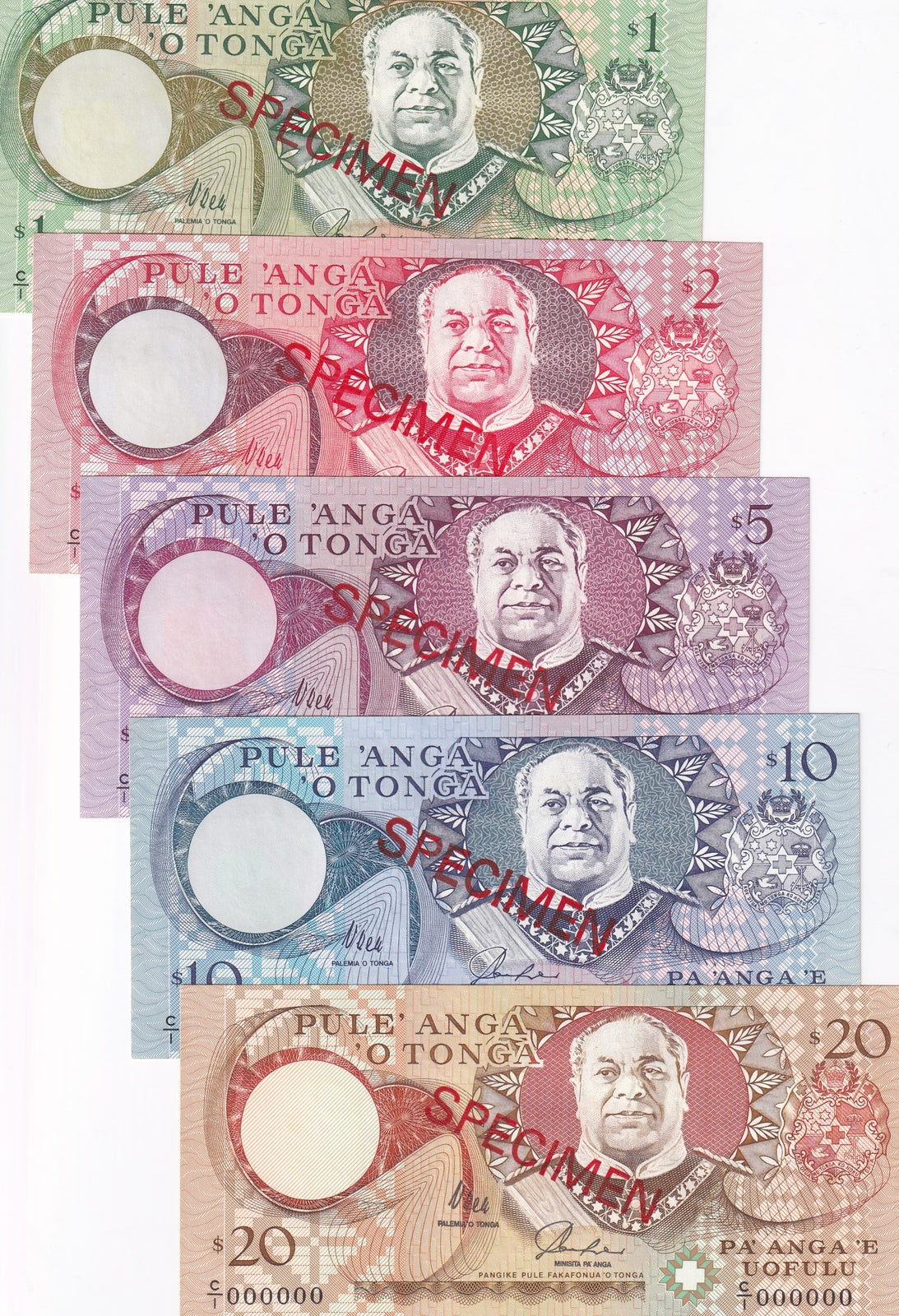Tonga Set 5 UNC 1 2 5 10 20 Pa'anga ND 1995 P 31 32 33 34 35 SPECIMEN UNC