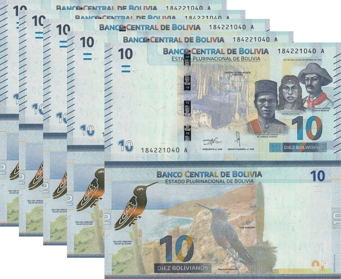 Bolivia 10 Bolivianos 2018 P 248 UNC LOT 5 PCS