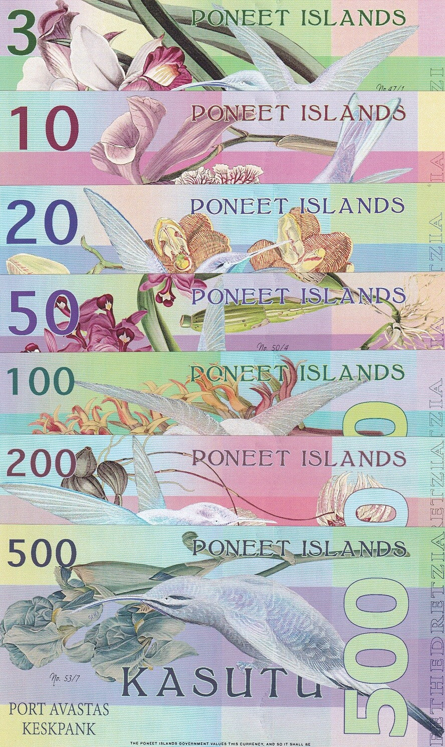 Poneet Islands Set 7 PCS 3 10 20 50 100 200 500 Kasutu 2015 Polymer