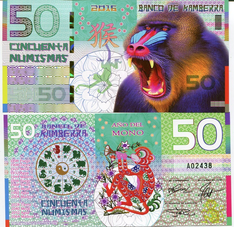 Kamberra 50 numismas 2016 Monkey Ape Privated Fantasy ISSUE POLYMER ZODIAC