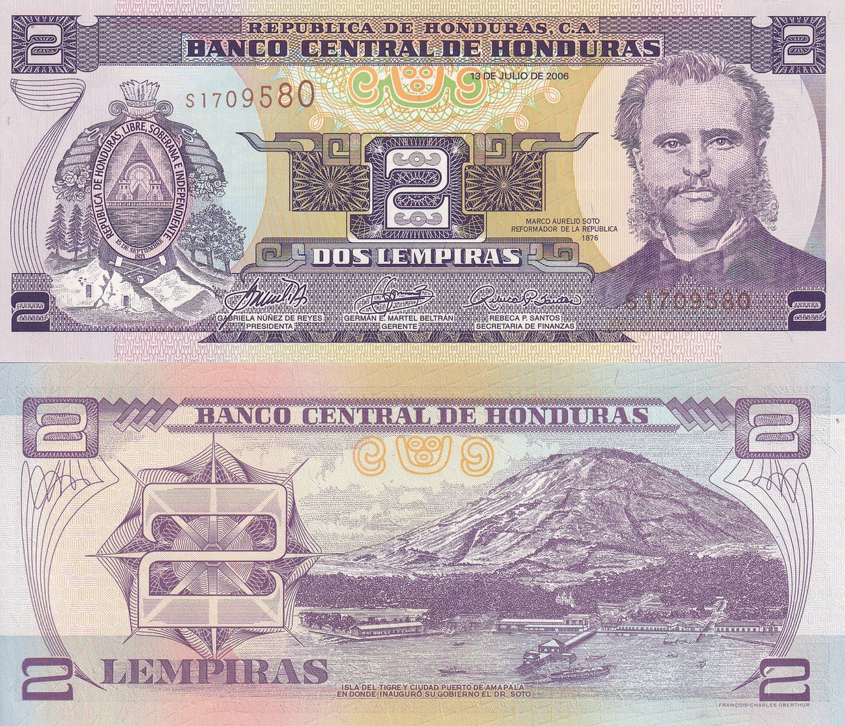 Honduras 2 Lempiras 2006 P 80Af UNC