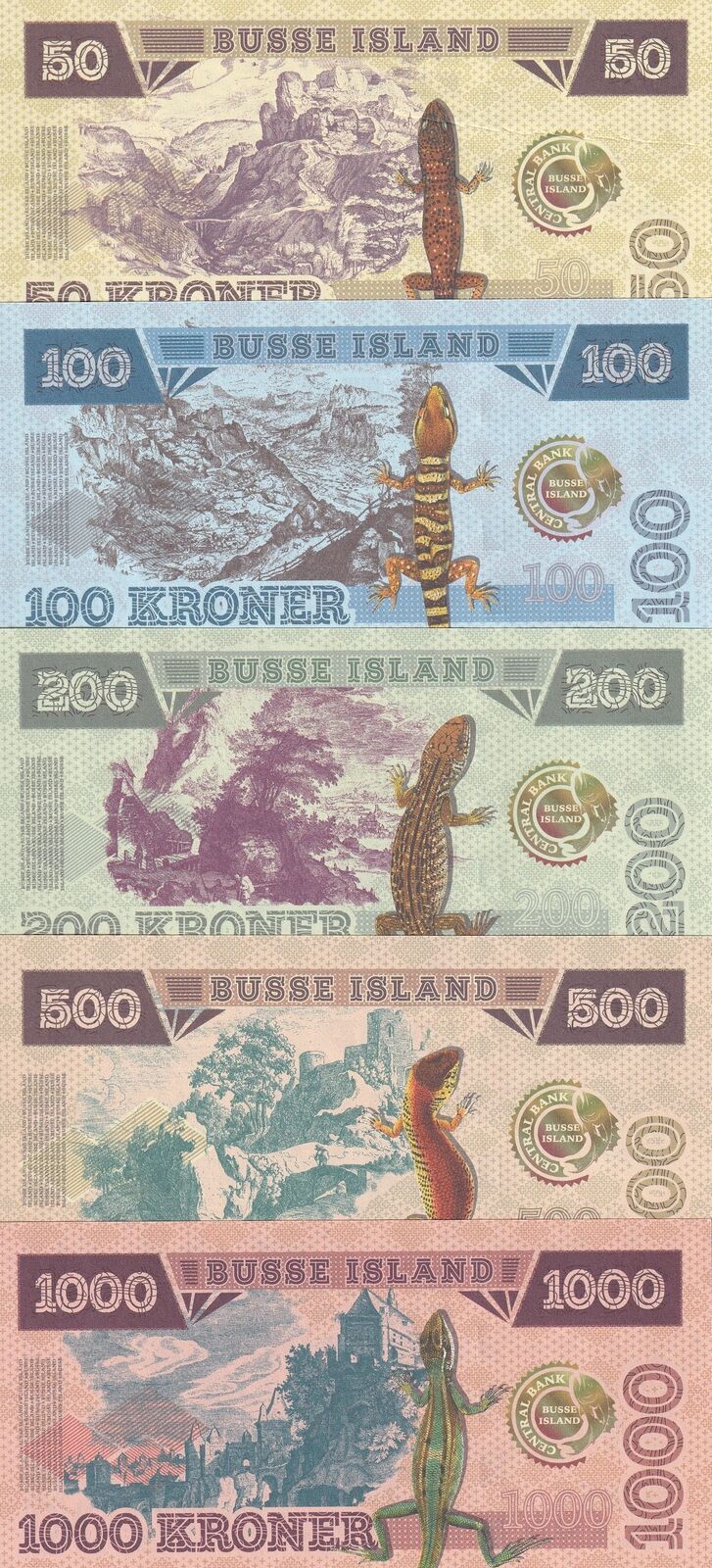 Busse Island Set 5 50 100 200 500 1000 Kroner 2017 LIZARD Iguana Gecko Fantasy