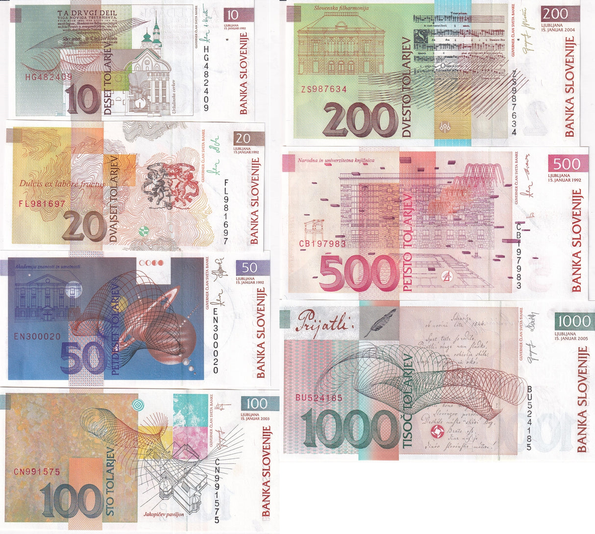 Slovenia Set 7 UNC 10 20 50 - 500 1000 Tolajev 1992 2005 P 11 12 13 15 16 31 32
