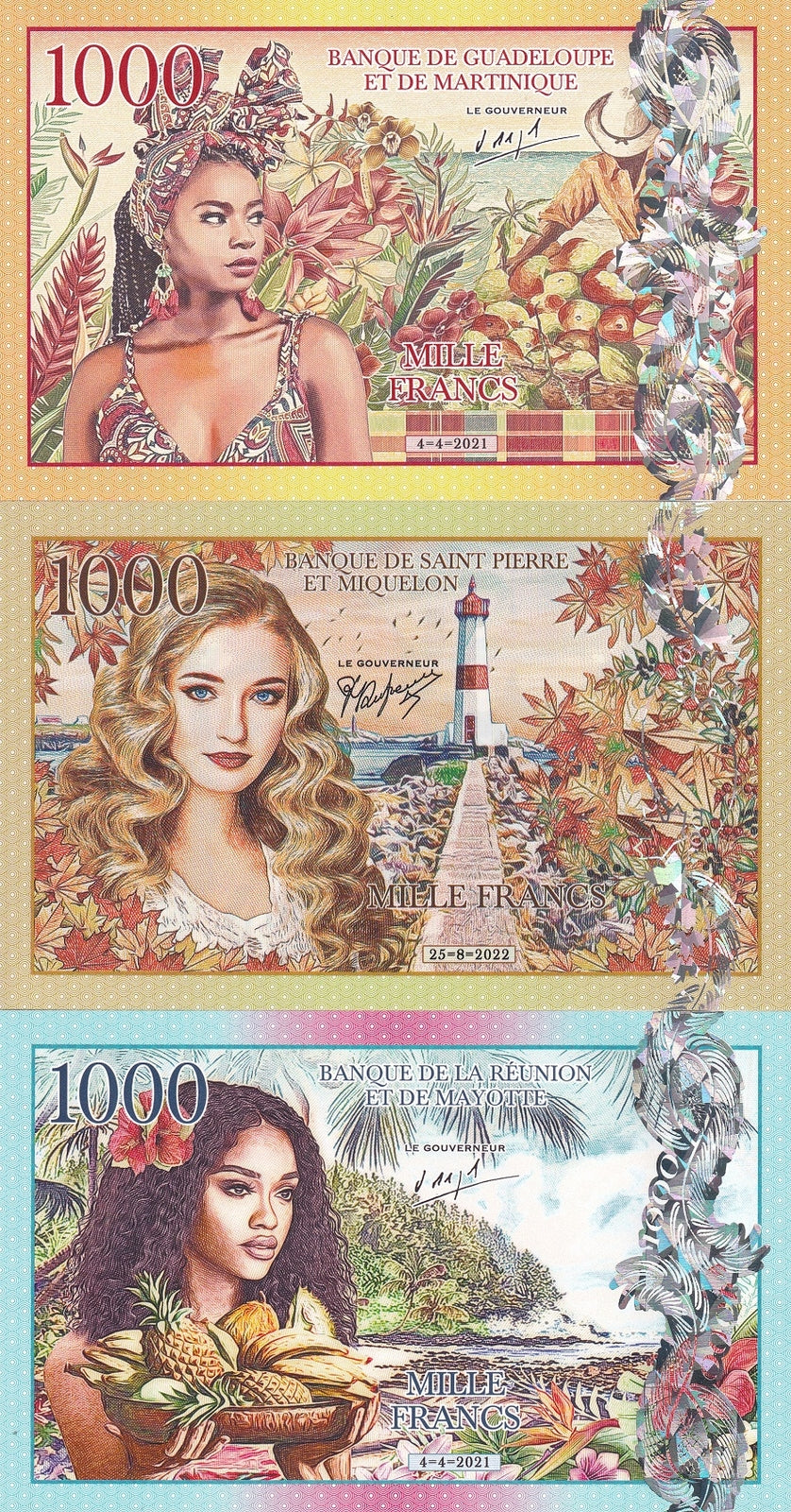 Reunion & Mayotte Saint Pierre & Miquelon Guadeloupe SET 3 1000 Francs FANTASY