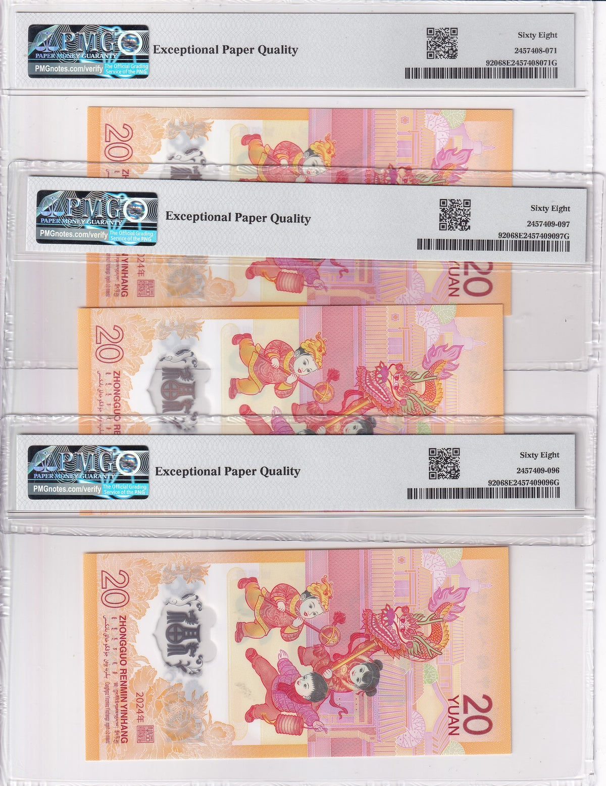 China Lot x 3; 20 Yuan 2024 P 920 Dragon Polymer Superb Gem UNC PMG 68 EPQ