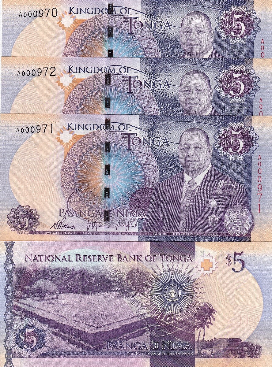 Tonga 5 Pa'anga 2015 P 45 UNC LOT 3 PCS