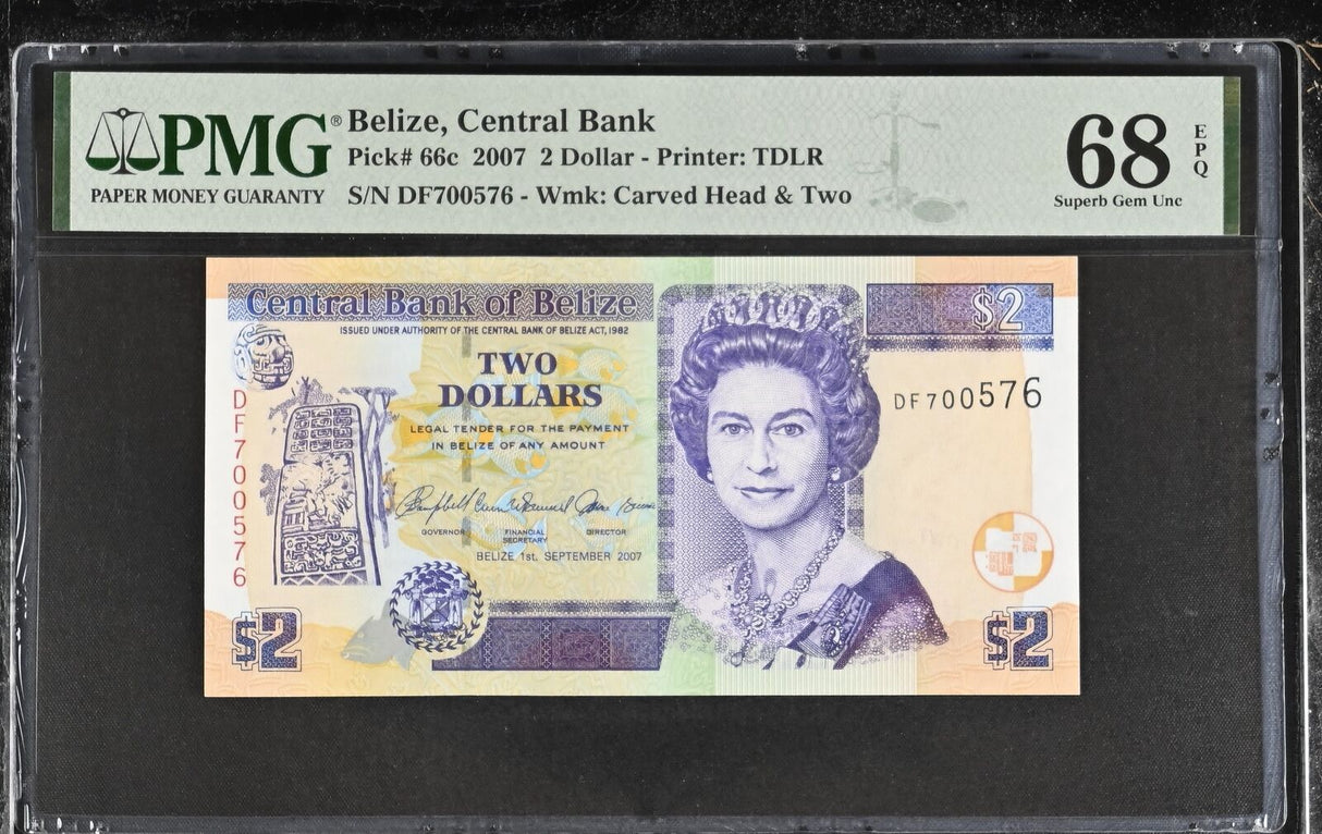Belize 2 Dollars 2007 P 66 c Superb Gem UNC PMG 68 EPQ TOP POP