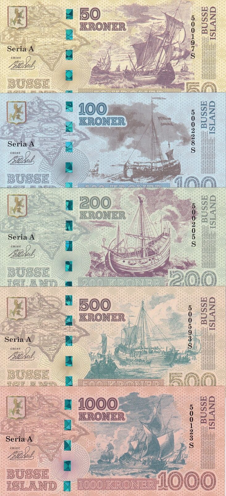 Busse Island Set 5 50 100 200 500 1000 Kroner 2017 LIZARD Iguana Gecko Fantasy
