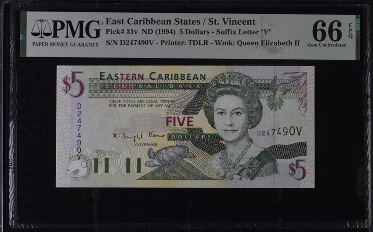 East Caribbean 5 Dollars ND 1994 P 31 v Suffix L St. Vincent GEM UNC PMG 66 EPQ