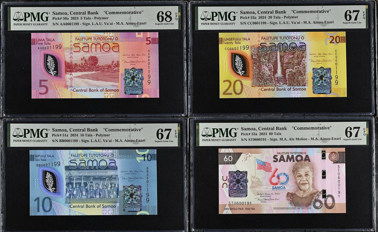 Samoa SET, 5 10 20 60 Tala 2024 P 50 51 52 53 CHOGM Superb Gem UNC PMG 67 68 EPQ