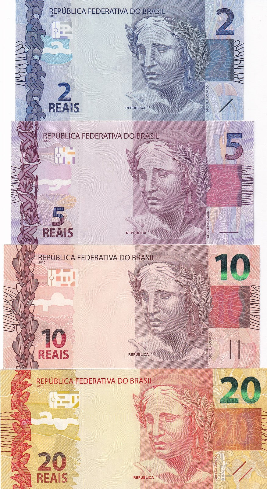 Brazil Set 4 UNC 2 5 10 20 Reais 2010-2020 P 252 P 253 P 254 255 Random Sign