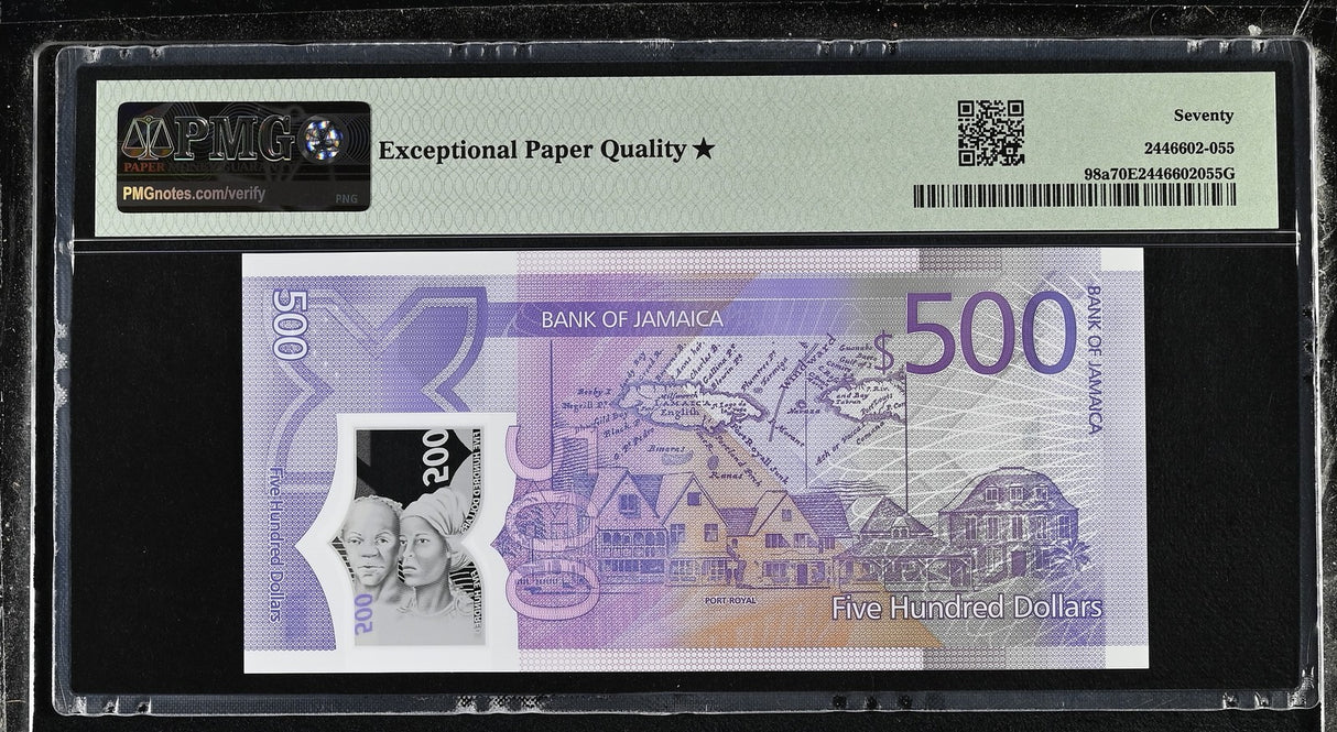 Jamaica 500 Dollars 2022 P 98 a Comm. Superb Gem UNC PMG 70 EPQ Extra Star TOP