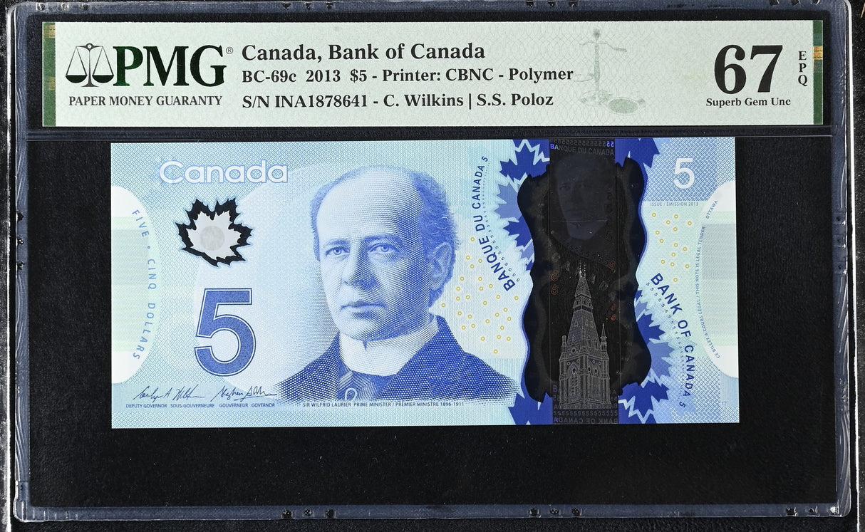 Canada 5 Dollars 2013 P 106 Polymer Wilkins Poloz Superb Gem UNC PMG 67 EPQ