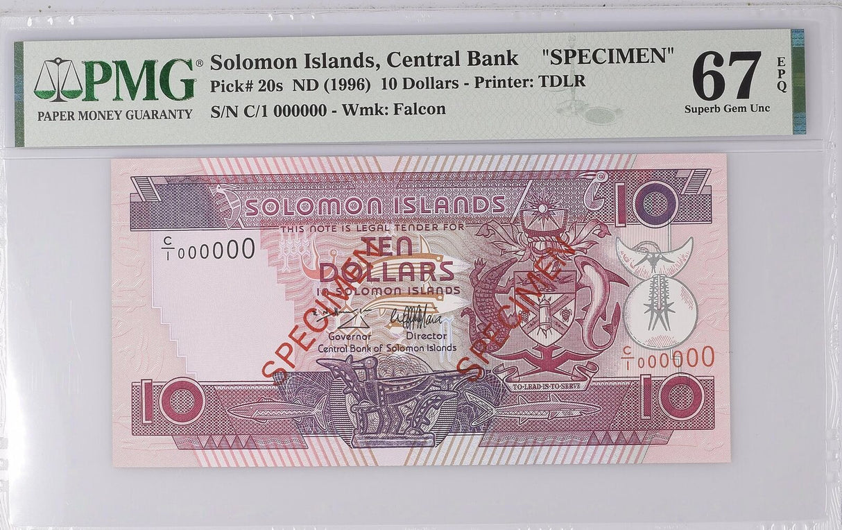 Solomon Islands 10 Dollars ND 1996 P 20 s Specimen Superb Gem UNC PMG 67 EPQ
