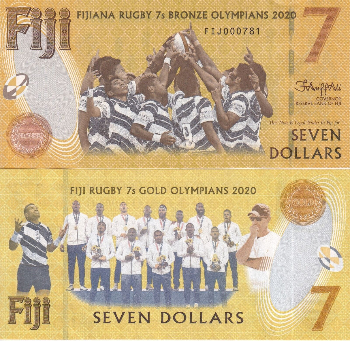 Fiji 7 Dollars 2020/2022 Commemorative YELLOW Low 3 Digits P 122 UNC