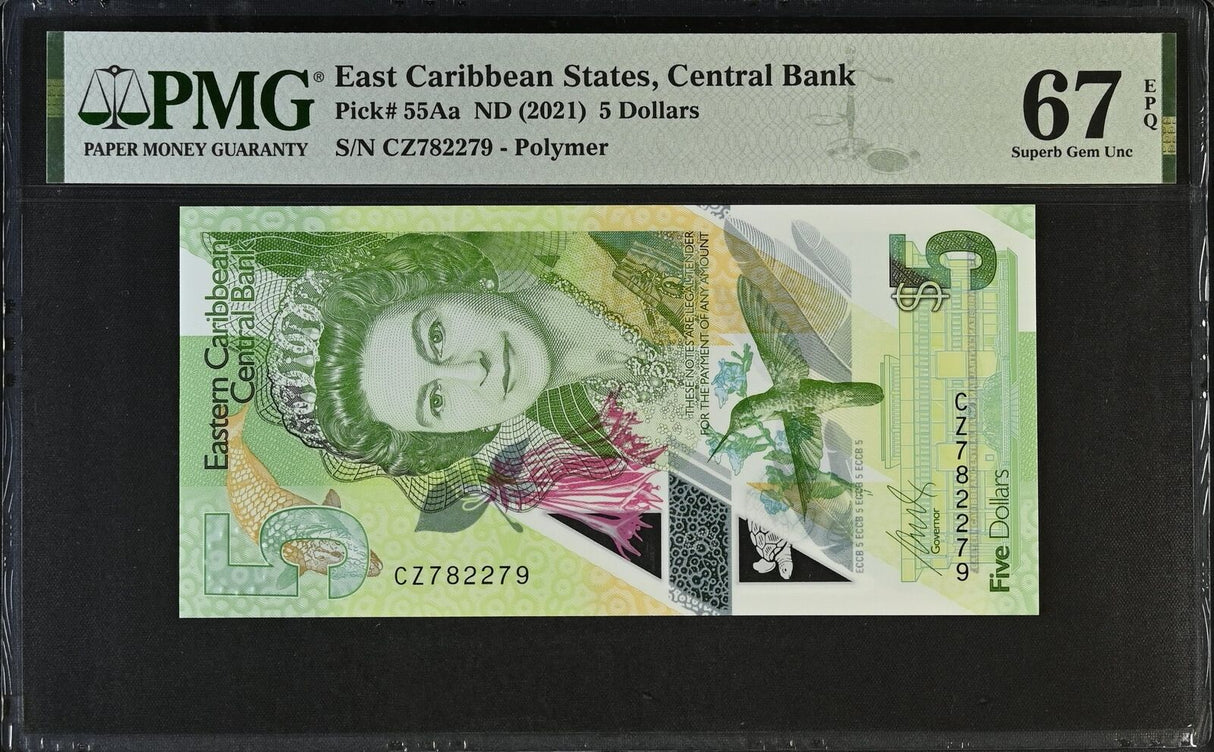 East Caribbean 5 Dollars ND 2021 P 55Aa Polymer Superb Gem UNC PMG 67 EPQ