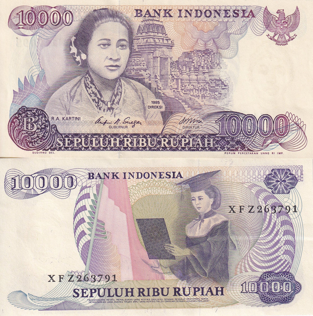 Indonesia 10000 Rupiah 1985 P 126 Graduate ,Prambanan temple XF