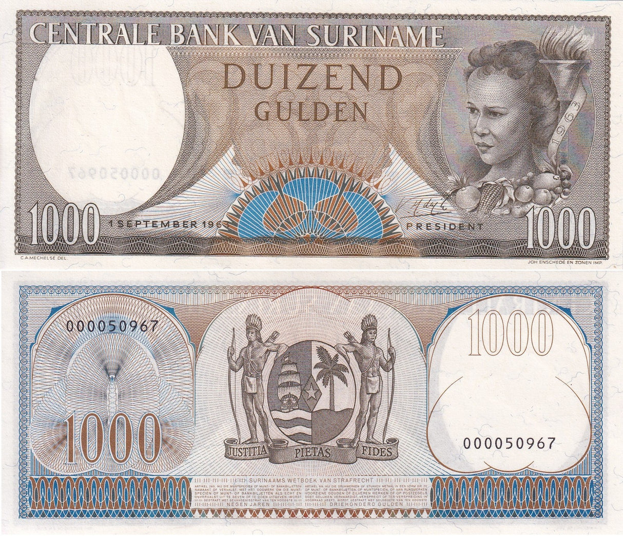Suriname 1000 Gulden 1963 P 124 UNC ,Printer Johan Enschede, Netherlands