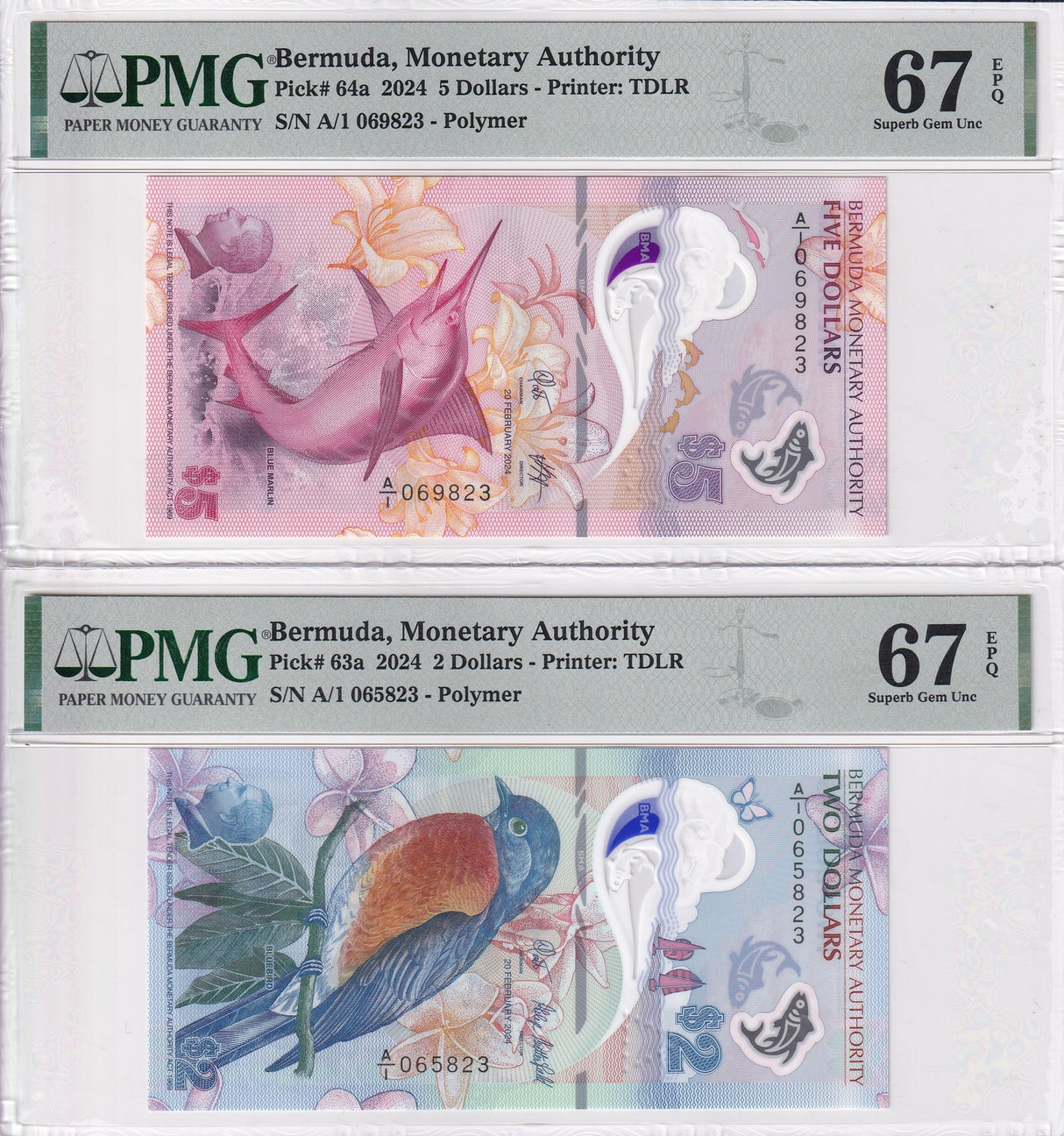 Bermuda Set 2; 2 5 Dollars 2024 P 63 P 64 Bird Fish Superb Gem UNC PMG 67 EPQ