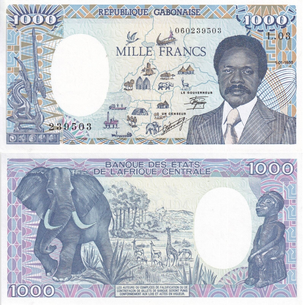 Gabon 1000 Francs 1986 P 10 a UNC