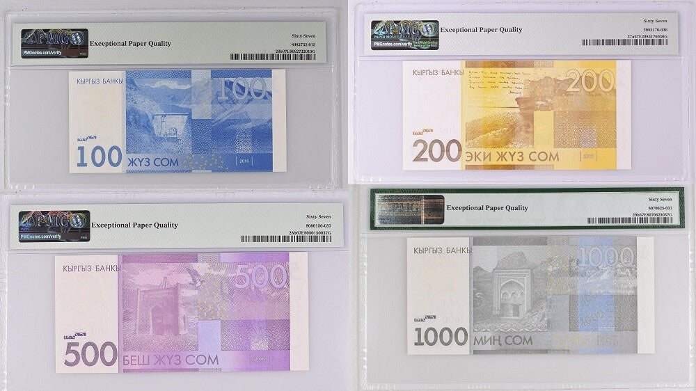 Kyrgyzstan Set 4; 100-500 1000 Som 2010-2016 P 26-29 Superb Gem UNC PMG 67 EPQ