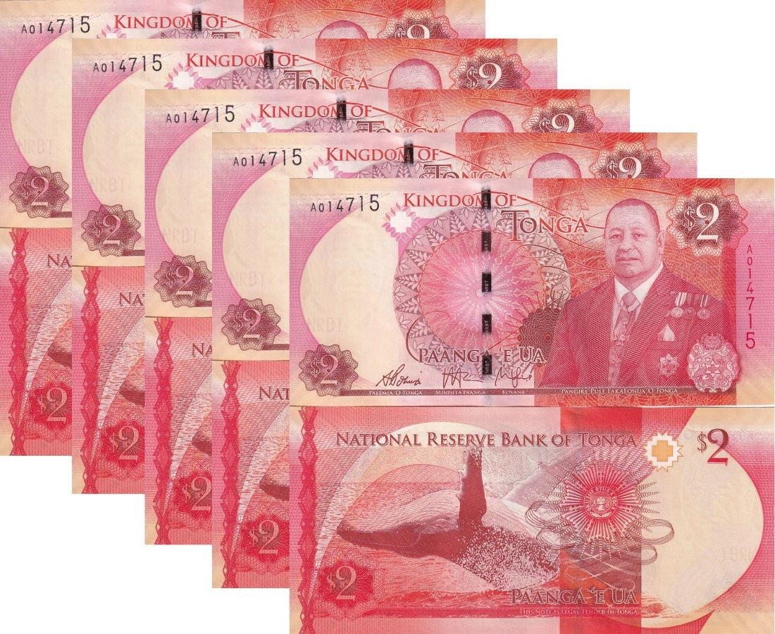 Tonga 2 Pananga 2015 P 44 UNC LOT 5 PCS ,King Tupou VI ,Whale