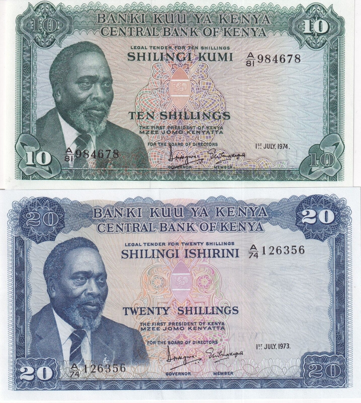 Kenya Set 2 PCS 10 20 Shillings 1973 1974 P 7 e P 8 d UNC