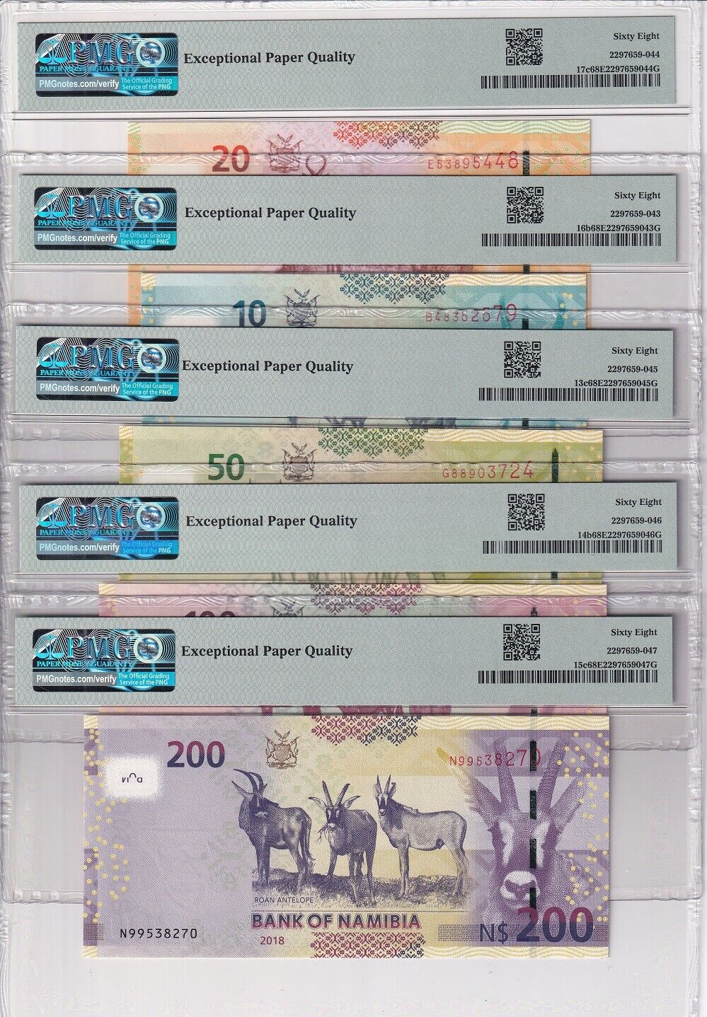 Namibia Set 5; 10 20 50 100 200 D. 2018-22 P 13 -15-17 Superb Gem UNC PMG 68 EPQ