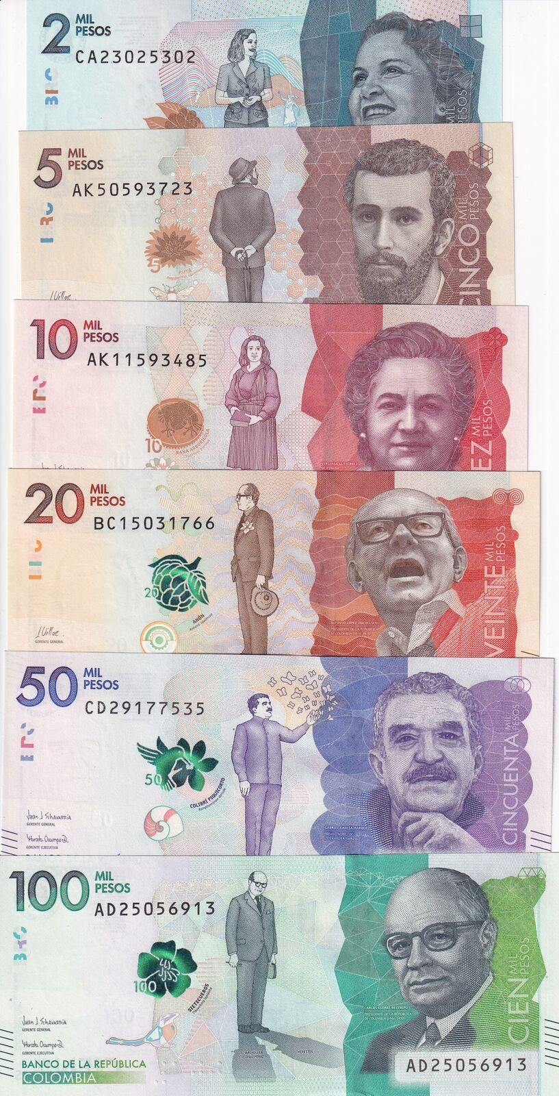 Colombia Set 6 UNC 2000 5000 10000-100000 Pesos 2018-2021 P 458 459 460-463 UNC