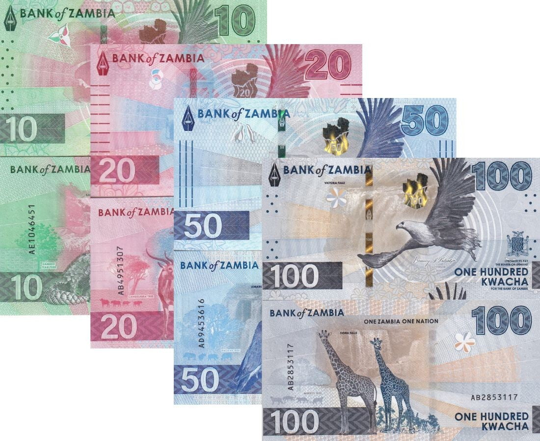 Zambia Set 4 UNC 10 20 50 100 Kwacha 2024 2025 P 62 63 64 65