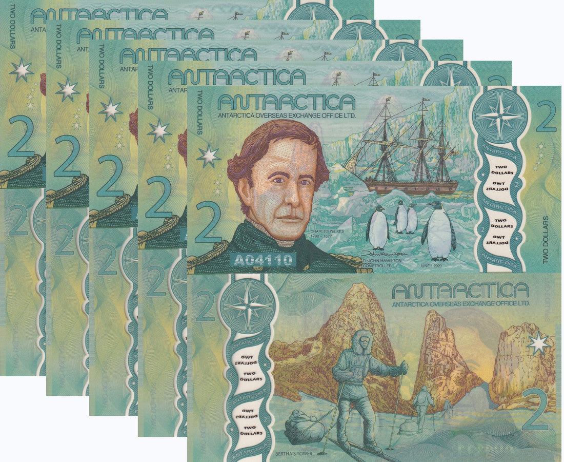 Antarctica 2 Dollars 2020 Clear Window Polymer LOT 5 PCS