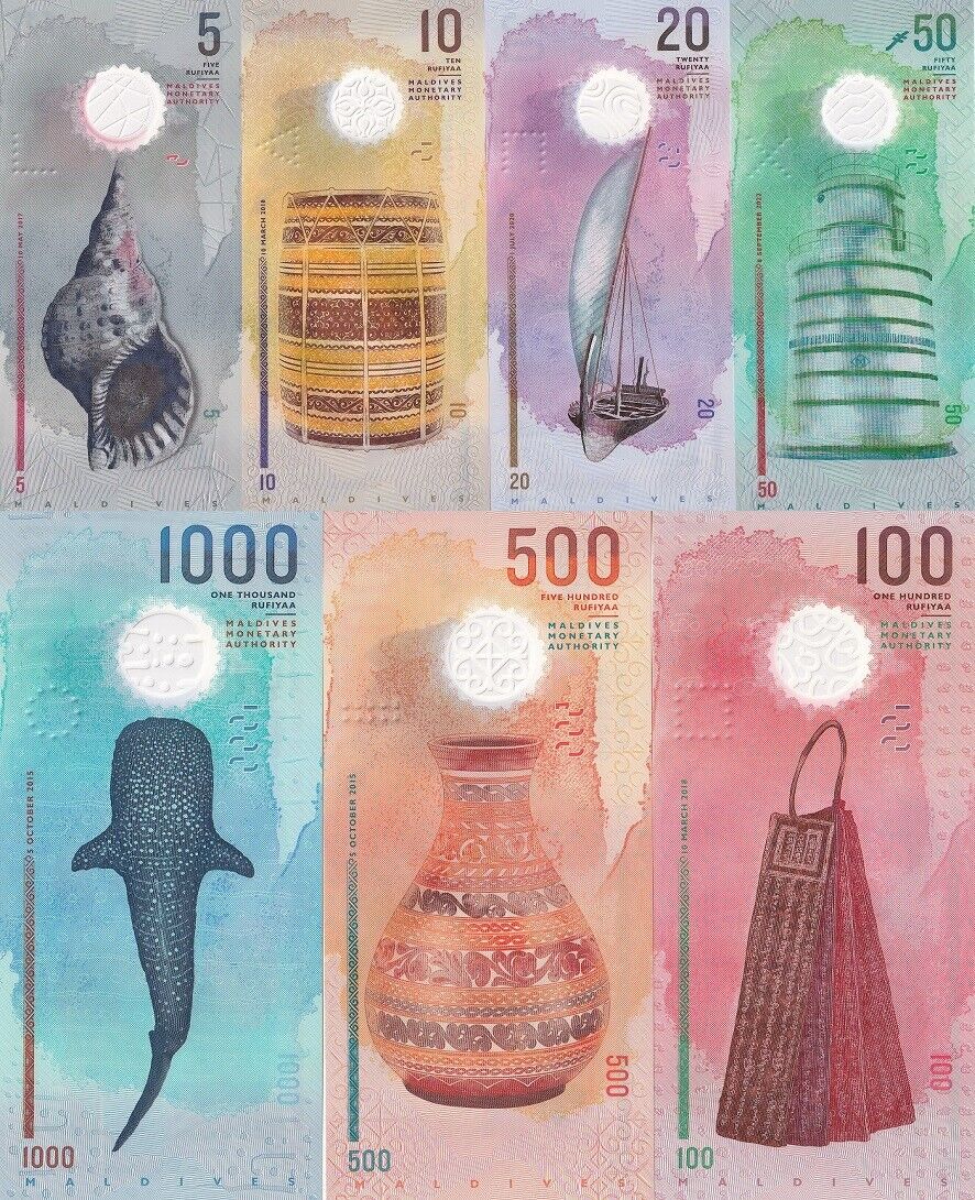 Maldives Set 7 UNC 5 - 1000 Rufiyaa 2015 - 2020 Polymer UNC With Folder