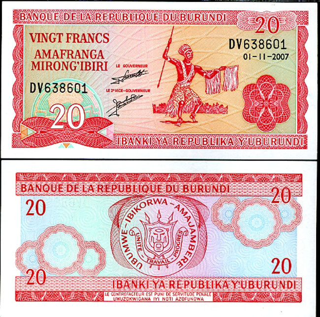 BURUNDI 20 FRANCS 2007 P 27 UNC