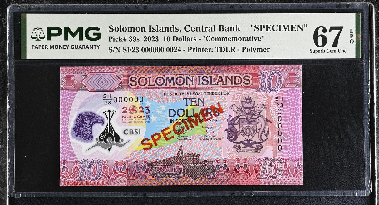 Solomon Islands 10 Dollars 2023 P 39 s Comm. SPECIMEN Superb Gem UNC PMG 67 EPQ