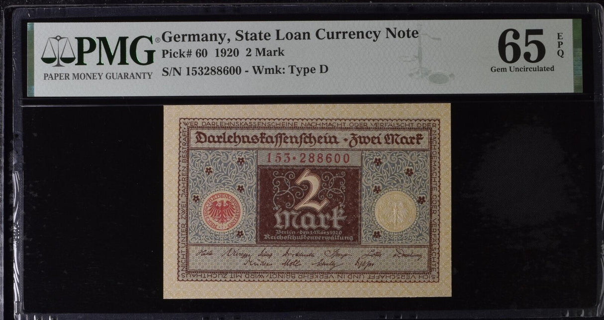 Germany 2 Mark 1920 P 60 Gem UNC PMG 65 EPQ