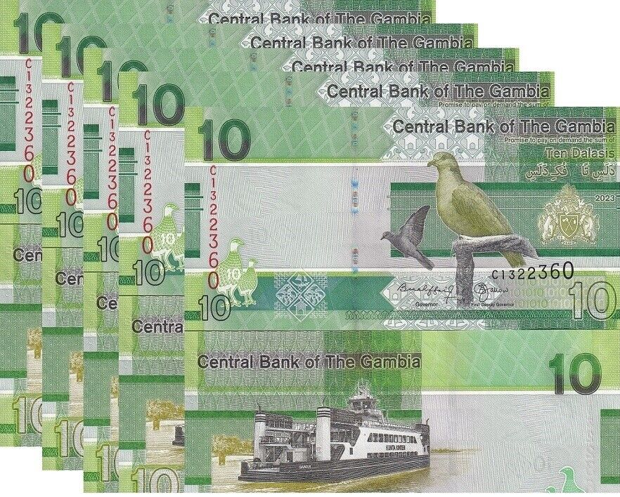 Gambia 10 Dalasis 2023/2024 P 38 NEW Sign UNC LOT 5 PCS