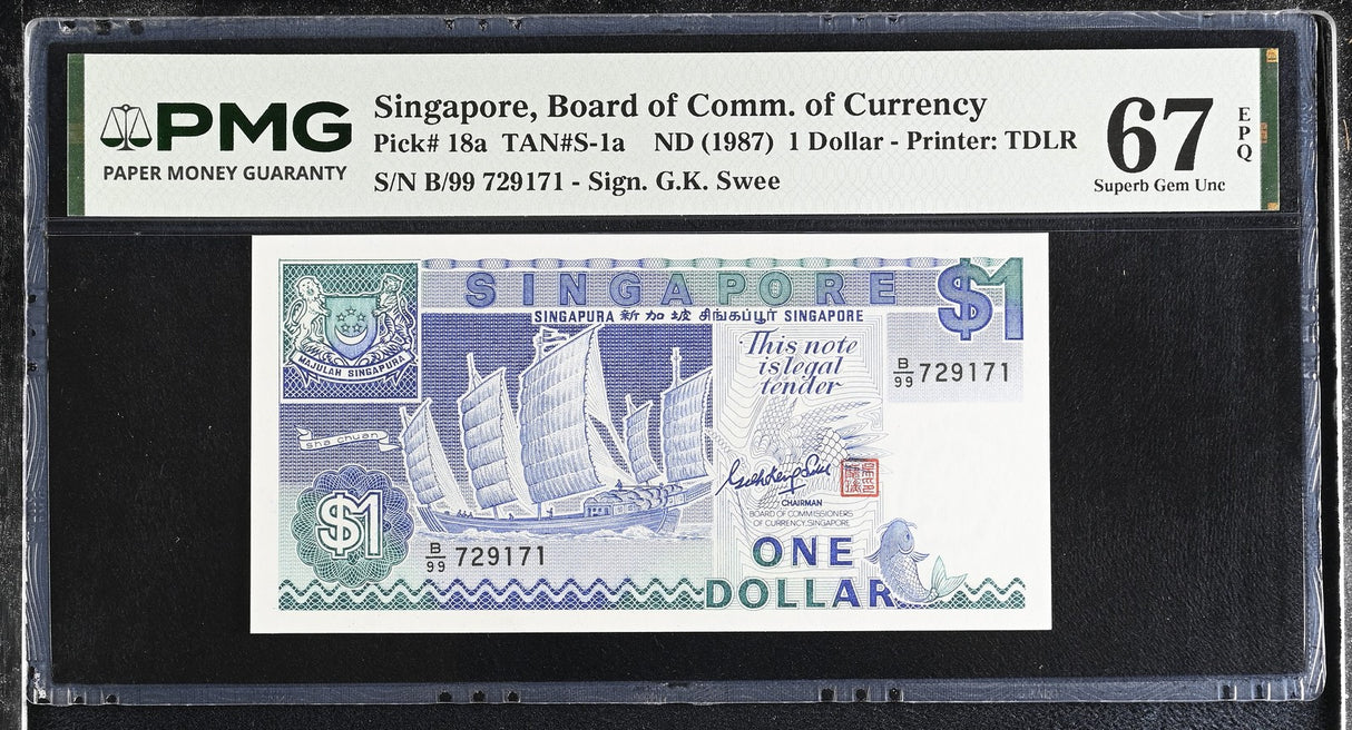 Singapore 1 Dollar ND 1987 P 18 a Superb Gem UNC PMG 67 EPQ