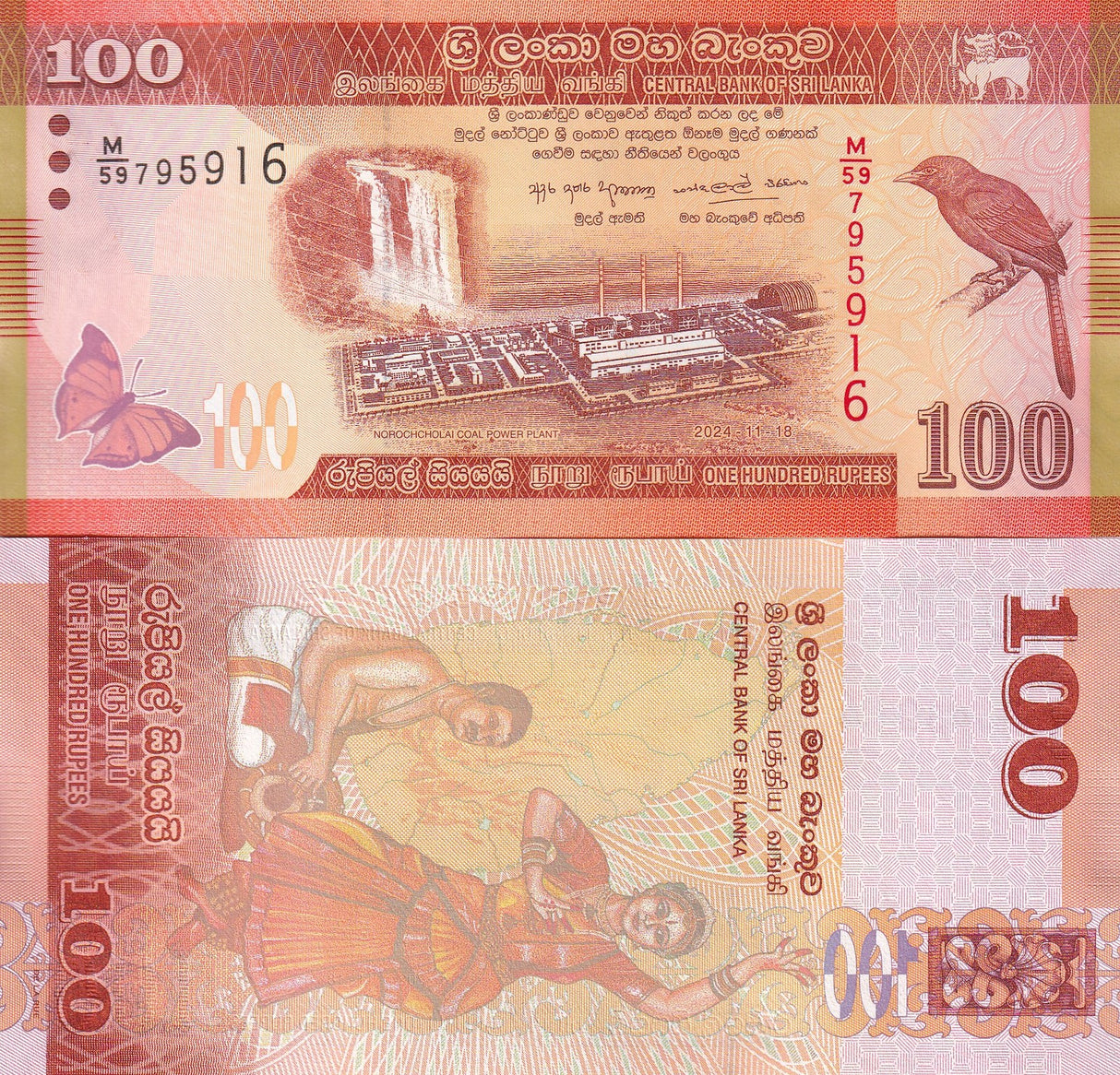 Sri Lanka 100 Rupees 2024 issue 2026 P 125 UNC Dvithva Liya Vela billed babble