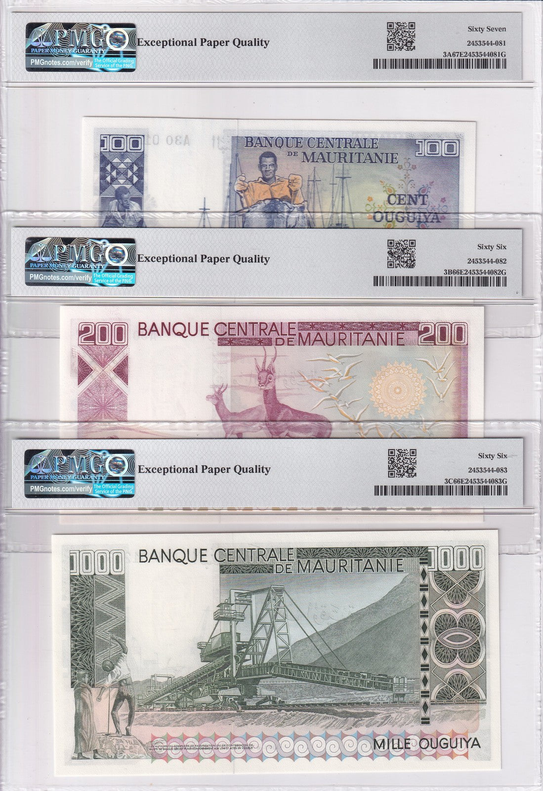 Mauritania SET 3 100 200 1000 Oug 1975-77 P 3A 3B 3C Superb UNC PMG 66 67 EPQ