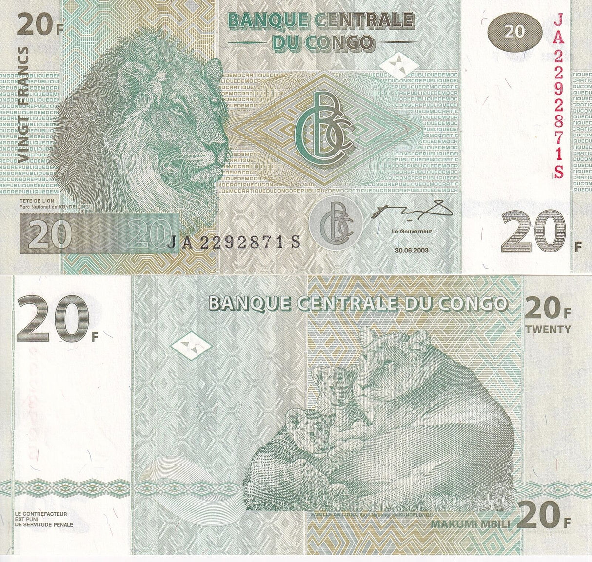 Congo 20 Francs 2003 P 94 UNC
