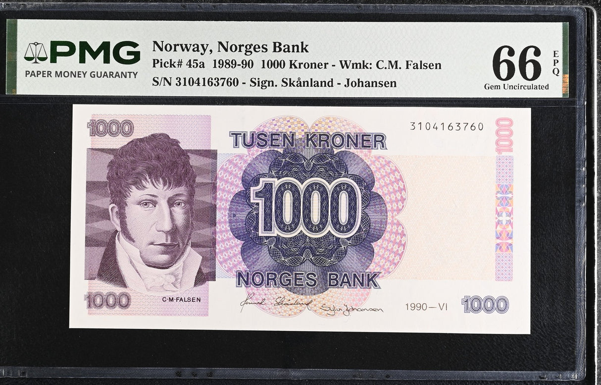 Norway 1000 Kroner 1990 P 45 a Gem UNC PMG 66 EPQ