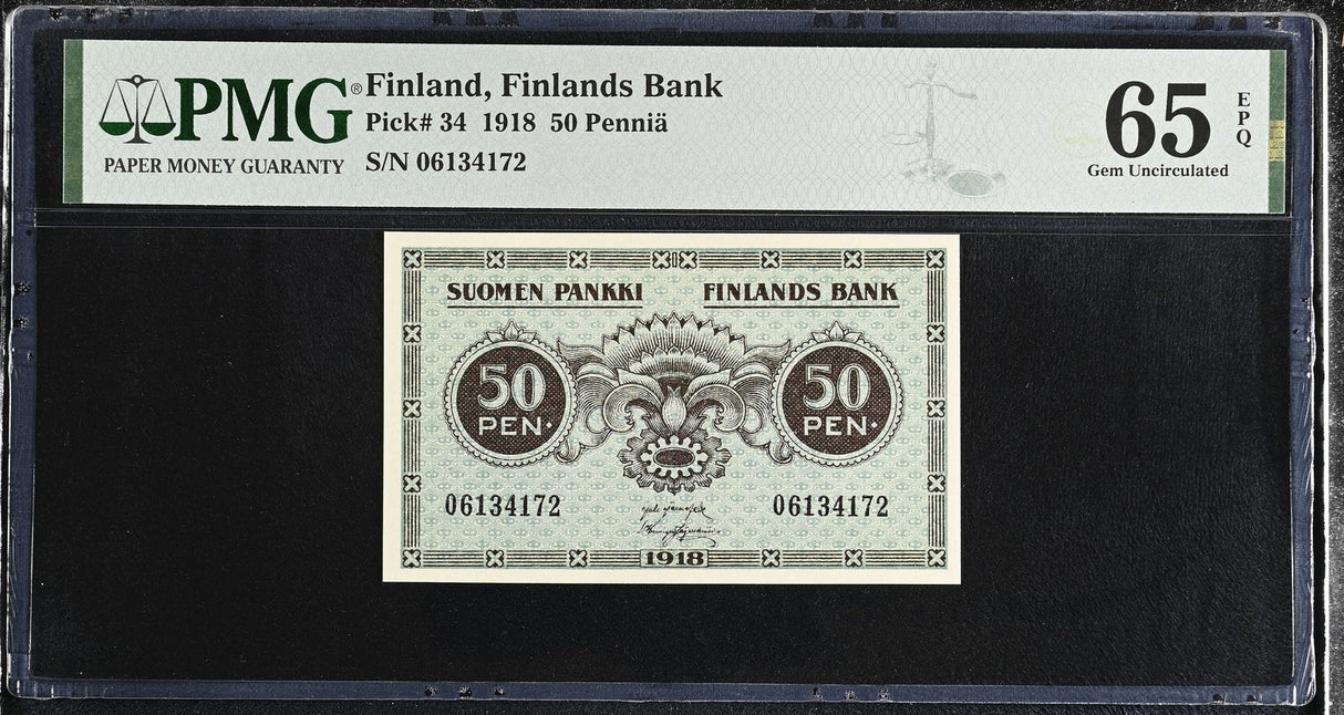 Finland 50 Pennia 1918 P 34 Gem UNC PMG 65 EPQ