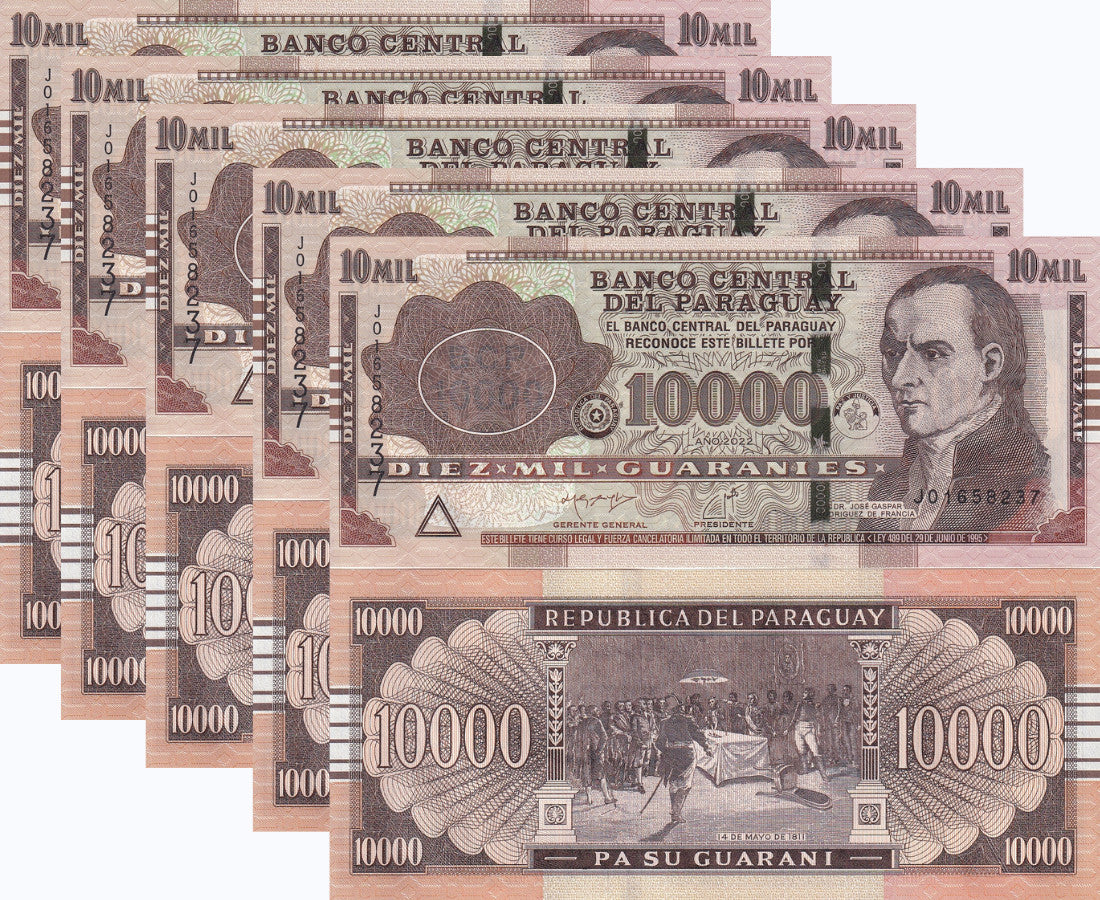 Paraguay 10000 Guaranies 2022 Serie J P A238c New Sign UNC LOT 5 PCS