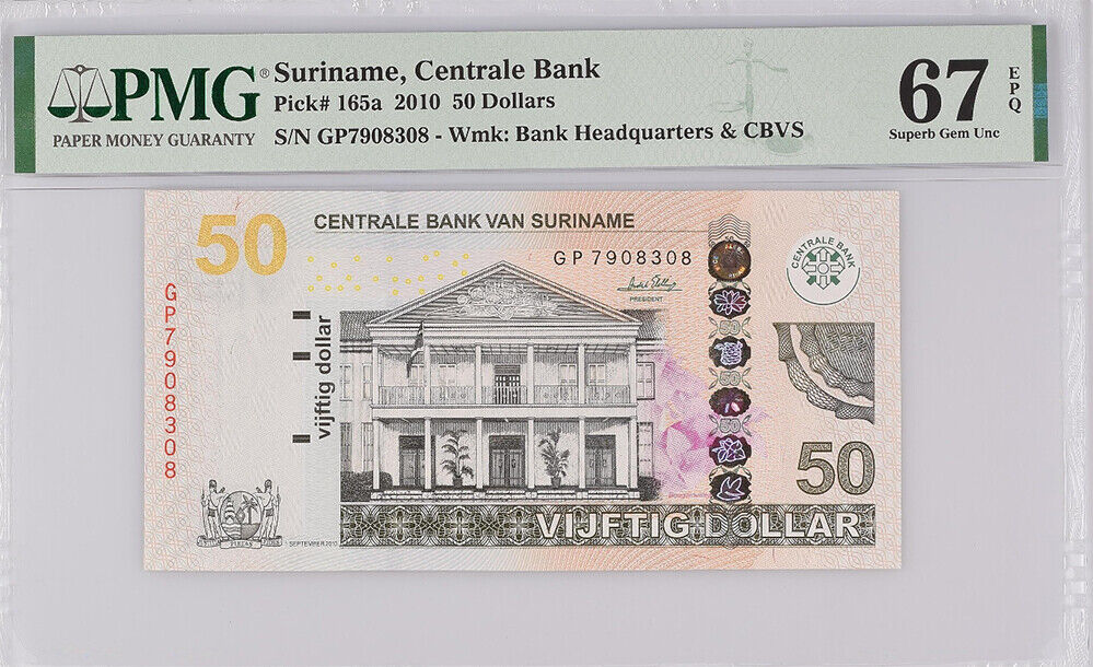 Suriname 50 Dollars 2010 P 165 a Superb GEM UNC PMG 67 EPQ