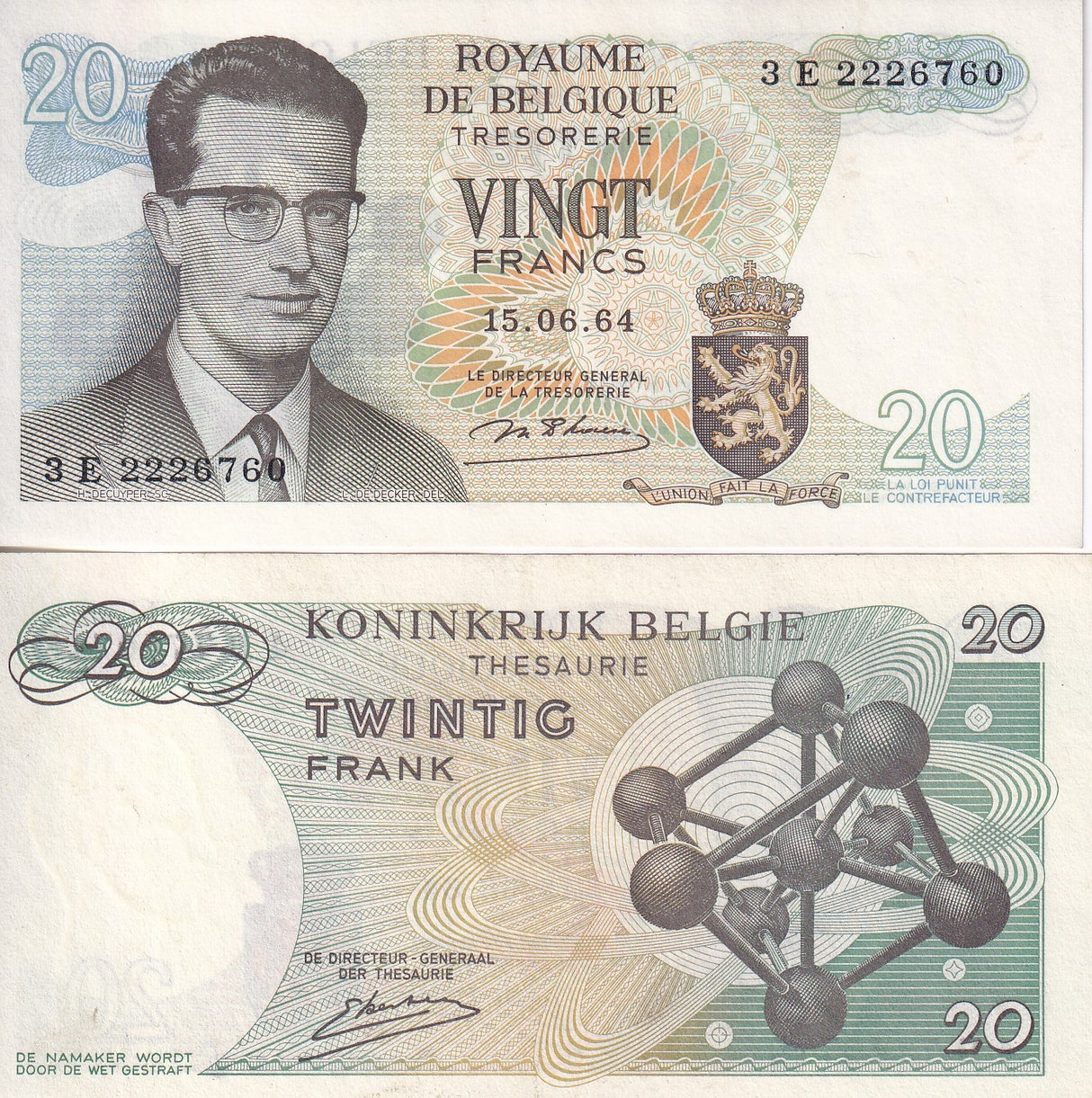 Belgium 20 Francs 1964 P 138 AUnc little TONE