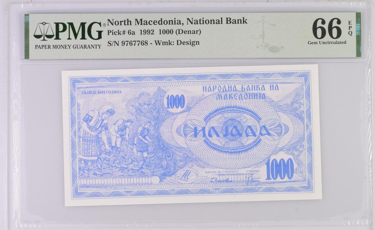 Macedonia 1000 Denari 1992 P 6 a Gem UNC PMG 66 EPQ