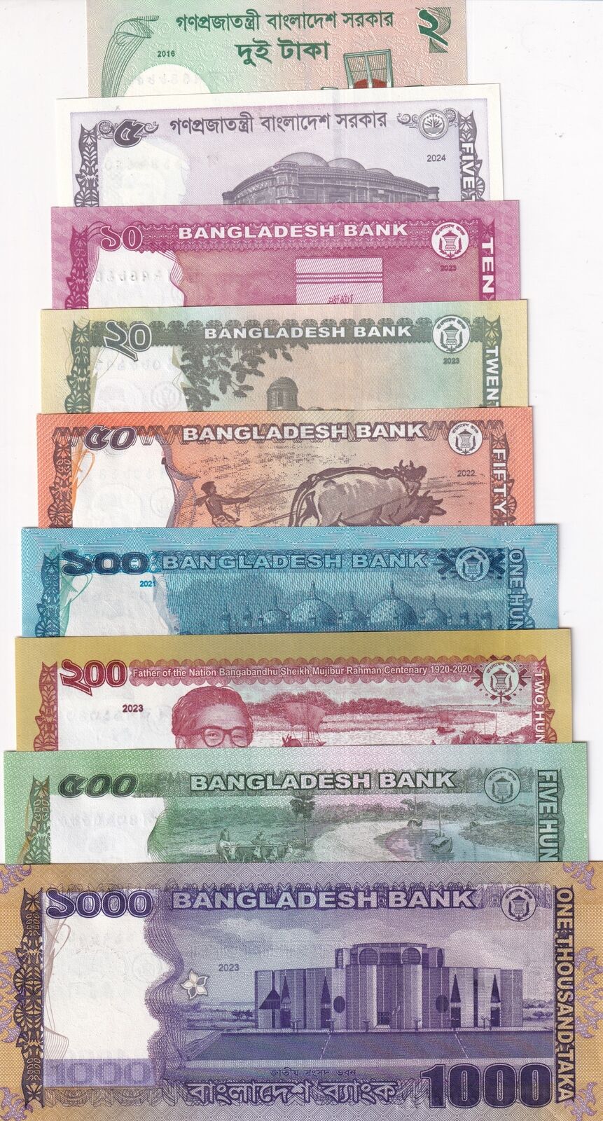 Bangladesh Set 9 PCS 2 5 10 20 50 100 500 1000 Taka 2016 - 2022 UNC
