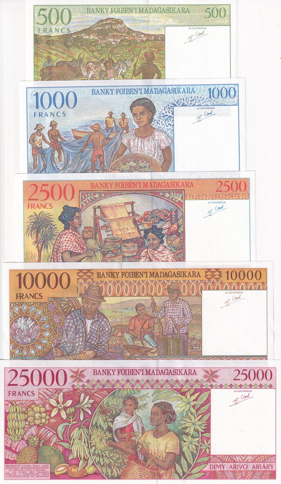 Madagascar set 5 UNC 500 - 2500 10000 25000 Ariary Random Year P 75 76 79 81 82